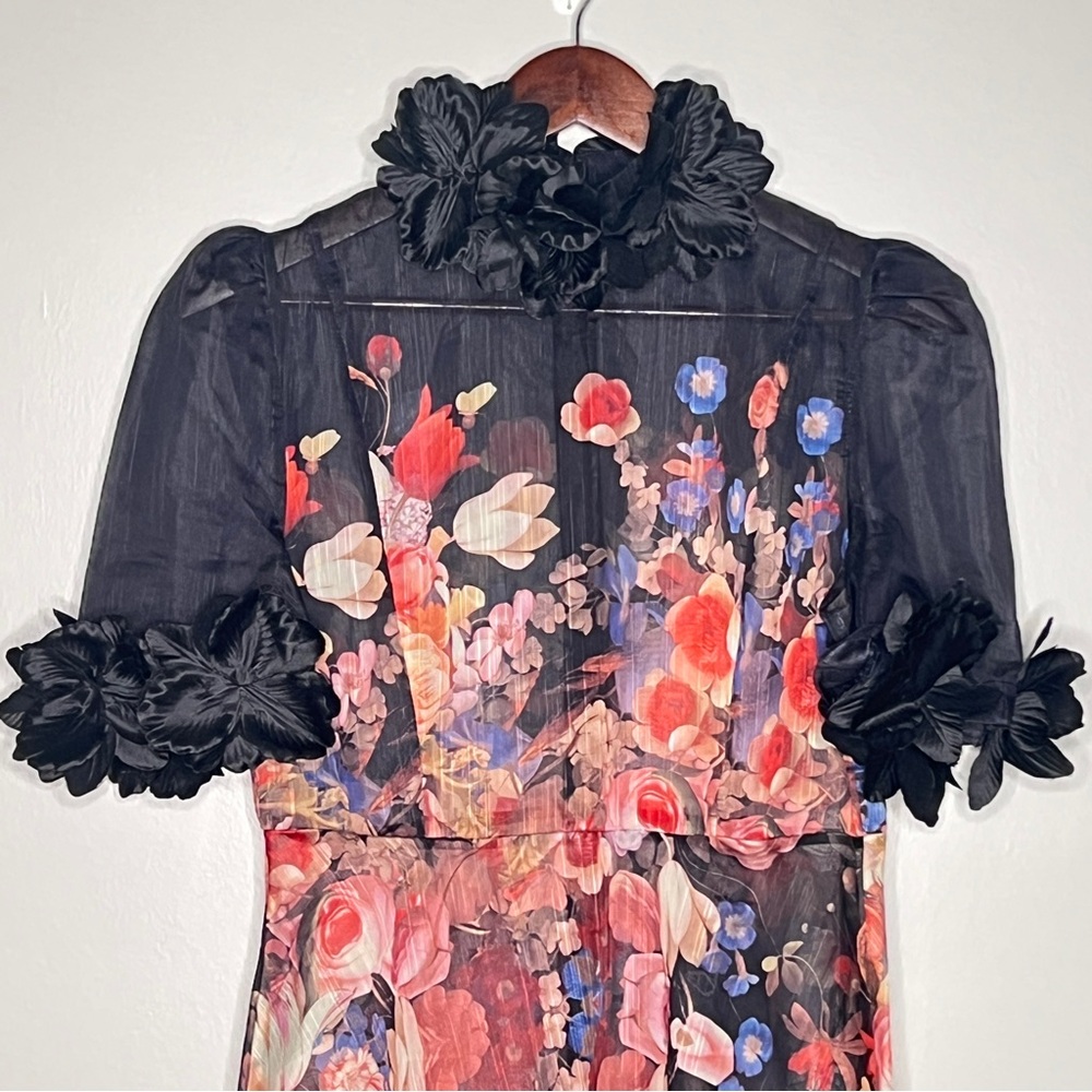 Black Multicolor Floral Sheer Midi Dress Floral Applique Hi-Neck Flare Women XL - Picture 3 of 14